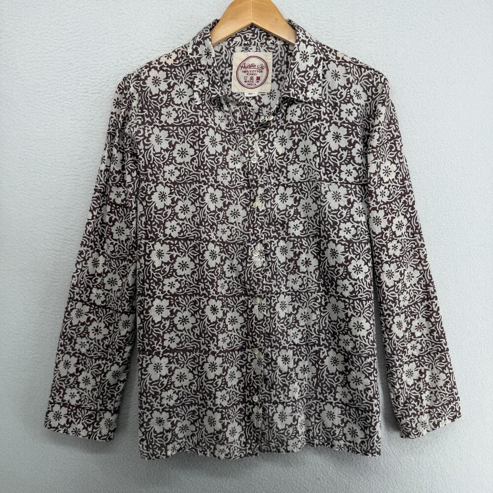 AUNTIE OTI Top 1 S Cotton Khadi Indian Floral Button Up Shirt Long Sleeve White